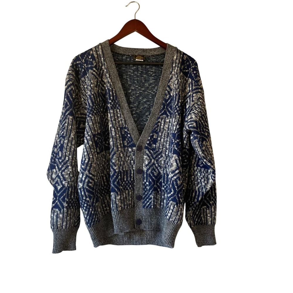 Vintage 1980s Geometric Knit Cardigan Sweater Navy Grey Mens xLarge